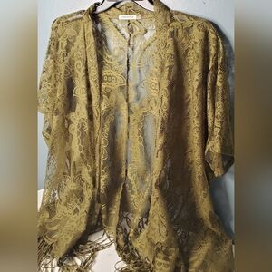 EMERETTE OPEN MESH Cover Up DARK GREEN Shawl SZ M Kimono FRINGE GREAT CONDITION